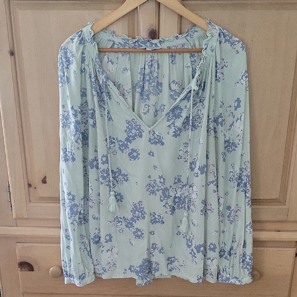 Lucky Brand Light Blue Floral Tie-Front Peasant Blouse